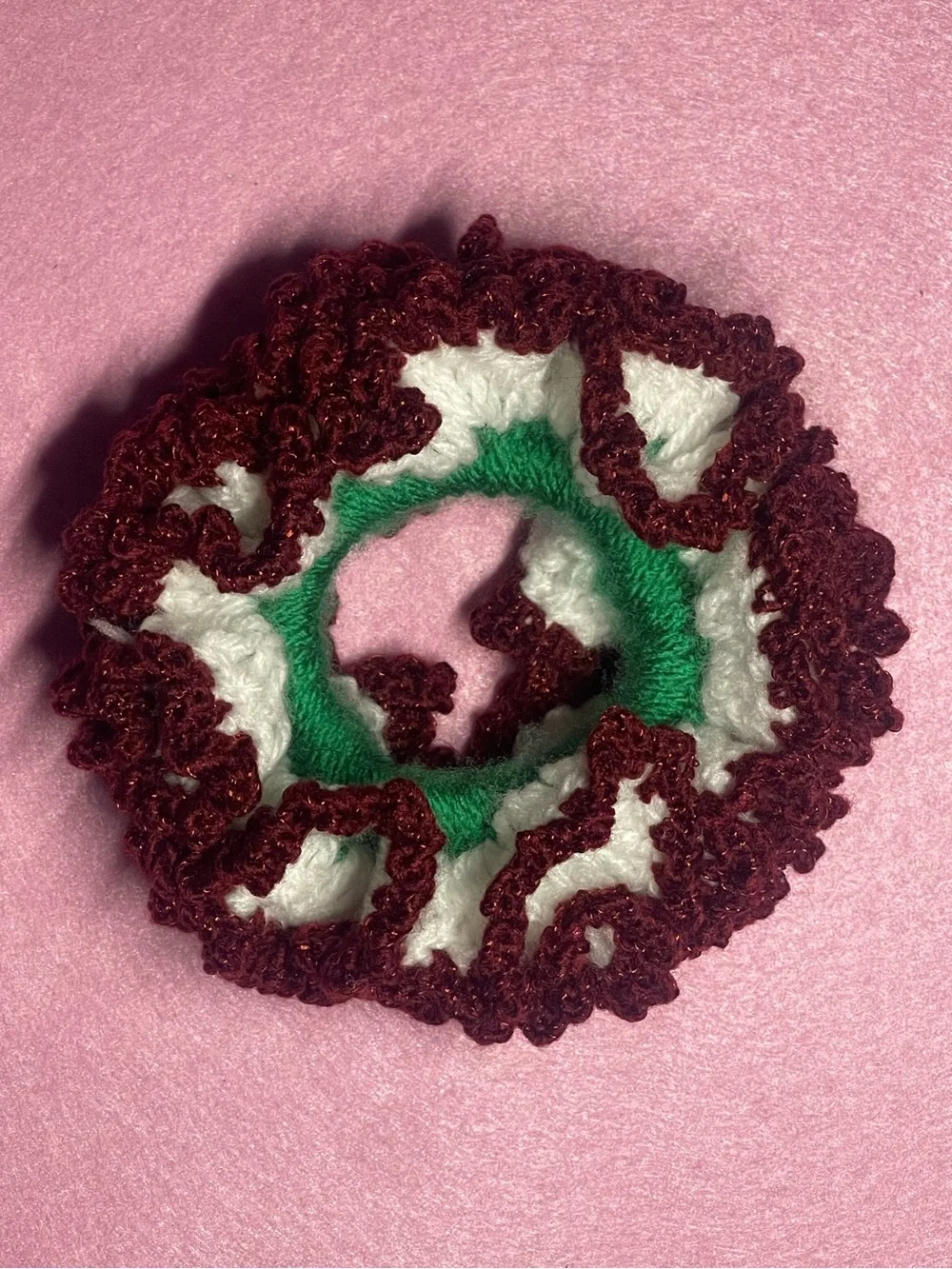 Handmade Crochet Ruffle Scrunchie - Green, White & Burgundy